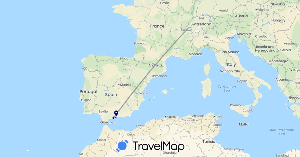 TravelMap itinerary: driving, plane in Switzerland, Spain (Europe)